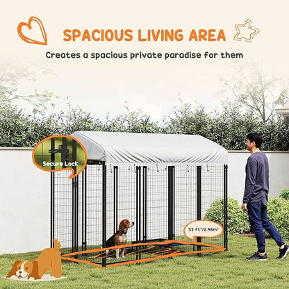 PawHut Outdoor Dog Kennel with Roof, 8' x 4' x 6' Heavy Duty Welded Wire Dog Playpen Enclosure with Escape-Proof Lock, UV-Resistant & Waterproof Cover, for Medium Dogs, Chickens, Ducks, Silver
