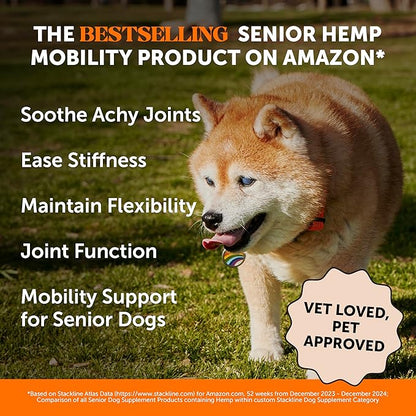Senior Hemp Hip and Joint Supplement for Dogs - Glucosamine Chondroitin, MSM & Green Lipped Mussel - Relief for Joint Stiffness, Advanced Strength Mobility Support Senior Dogs (Peanut Butter, 90 Ct)