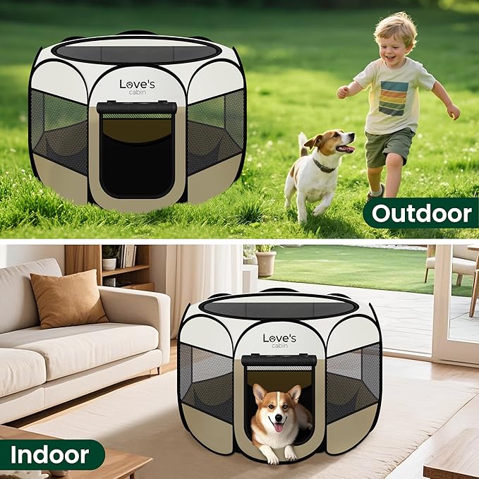 Love's cabin Pet Puppy Dog Playpen, Medium Dog Tent Crates Cage Indoor/Outdoor, Portable Playpen for Cat, Foldable Pop Up Dog Kennel Playpen with Carring Case, Removable Zipper Top, Khaki