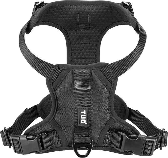 TUG Dog Harness with 2 Leash Connection Points | Adjustable, Padded, Lightweight | Handle on Back | No-Pull Front Clip (XL, Black)