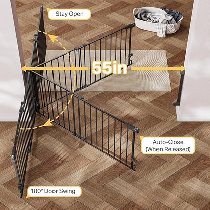 Cumbor 35.1–55" No Bottom Bar Baby Gate for Stairs, 2-in-1 Auto Close Dog Gate Indoor, Hardware Mounted Wide Pet Gate for Doorways with Large Walk Thru Door, Child-Proof Safety Gate for Kids (Black)