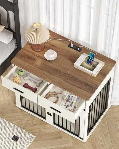 Hzuaneri 43.3'' Large Dog Crate Furniture with 2 Storage Drawers, Heavy Duty Dog Kennel Indoor with Charging Station, Wooden Dog Cage End Table Kennel for Medium/Large Dogs, White Brown DFC88214B