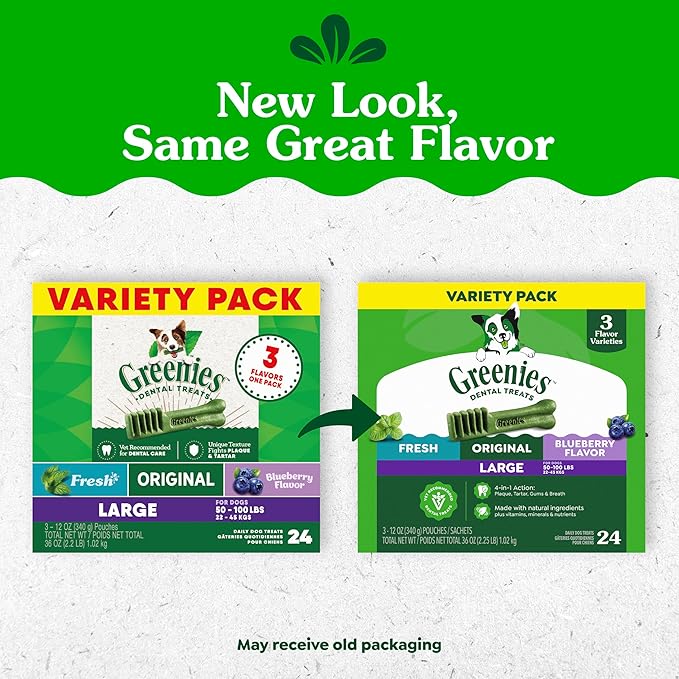 Greenies Dog Treats, Veterinarian-Recommended Natural Dental Dog Treats, Large Size, Variety Pack Flavor, (3) 12 oz. Packs, 24 Count
