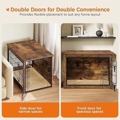 Yaheetech 38'' Dog Crate Furniture with Cushion Wooden Dog Crate with Double Doors/Adjustable Feet Side End Table for Medium/Large Dogs, 37.80" L x 25.59" W x 26.57" H