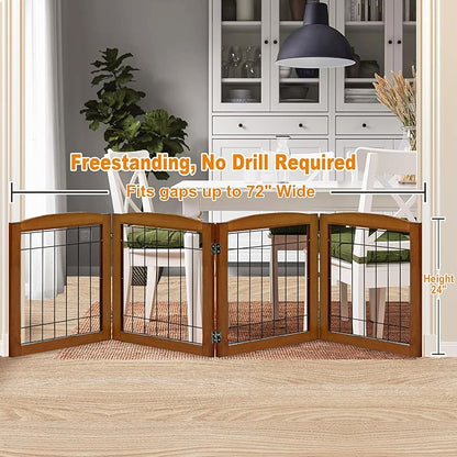 LZRS 4-Panel Extra-Wide Wooden Freestanding Dog Gate: Foldable Solid Wood and Steel Wire Chew Resistant Safety Barrier for Doorways, Stairs, and Large Open Spaces Indoor Use, Cherry