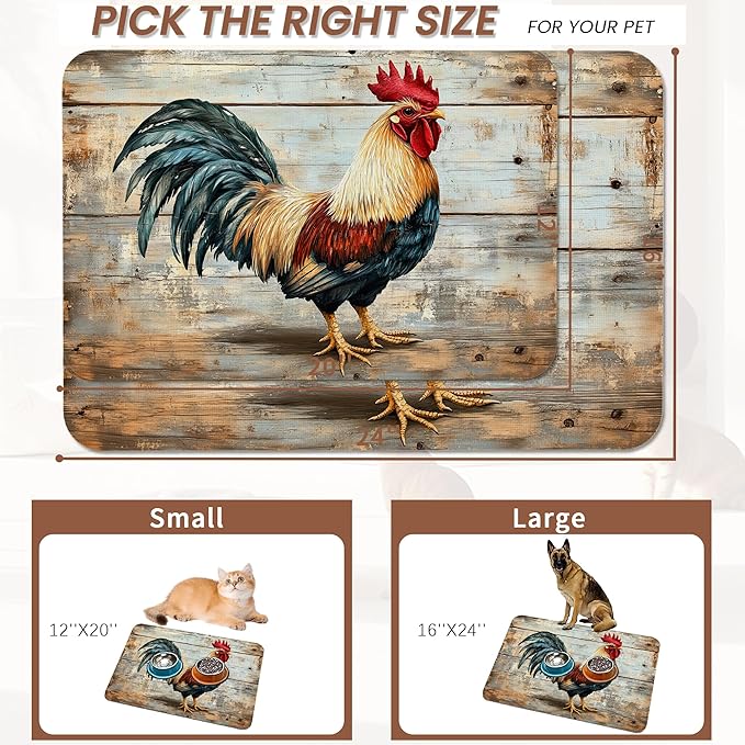 Rooster Dog Food Mat for Floors,Vintage Wood Panel Absorbent Quick-Dry Pet Feeding Mat,Cat Dog Bowl Mats for Food and Water,Non-Slip Pet Accessories Supplies 16"x24"