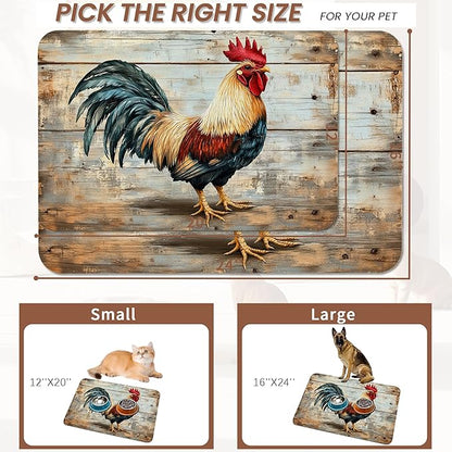 Rooster Dog Food Mat for Floors,Vintage Wood Panel Absorbent Quick-Dry Pet Feeding Mat,Cat Dog Bowl Mats for Food and Water,Non-Slip Pet Accessories Supplies 16"x24"