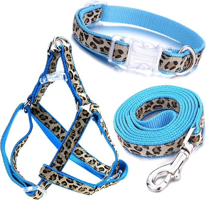 Mile High Life Leopard Dog Harness Collar Leash Set, Adjustable No Pull Dog Halter Harness for Small Breed Dogs, Easy Control for Training Walking (Blue, M Chest 15"-21", Neck 13"-17")