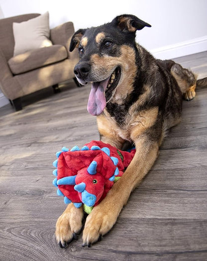 goDog Dinos Frills Squeaky Plush Dog Toy with Chew Guard Technology, Durable Fabric & Squeaker for Active Play, Red, Large