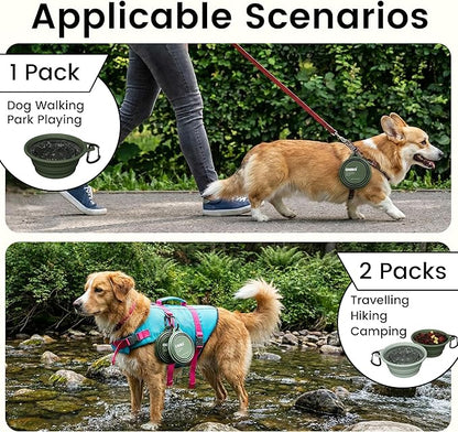 OHMO Collapsible Dog Water Bowls w/Built-in Stainless Steel Ring – 2pcs Small 12oz/400ml Portable Silicone Pet Feeding Bowl for Hiking, Camping, Travel