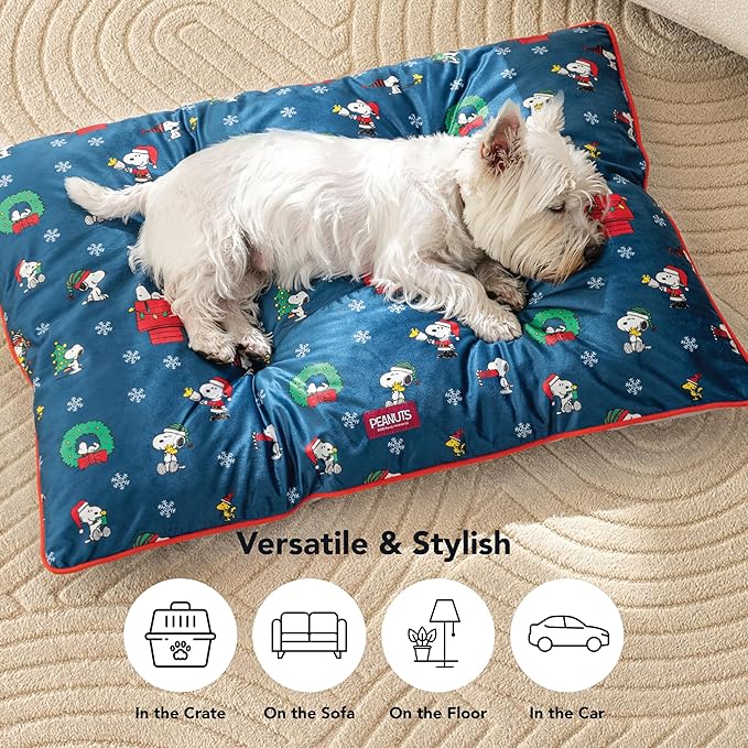 Berkshire Peanuts® Square Dog Bed, Suedemink Fleece Pet Mat with Waterproof & Non-Slip Bottom, Soft Plush Dog Mat for Crate, Couch, or Floor, Machine Washable(Snoopy Best Christmas Icons, Large)