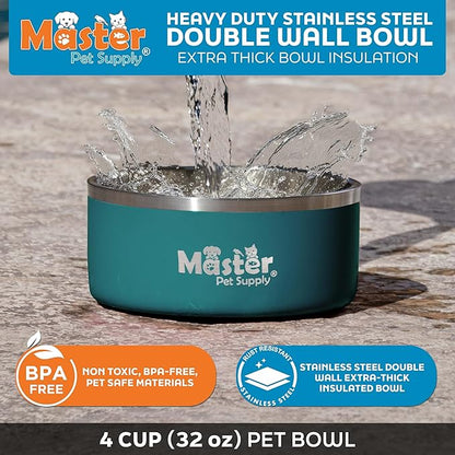 Master Pet Supply Stainless Steel Dog Bowls - 32 oz, Heavy Duty - Emerald Sea, Double Wall Extra-Thick Insulated, Non-Slip Pet Water Bowl for Dogs, Cats & Pets, Anti Rust Metal, Dish Washer Safe
