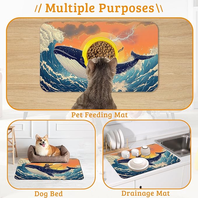 Dog Bowl Mat,Cat Shark Pet Feeding Mat for Floors Waterproof,Ocean Wave Absorbent Dogs Placemat for Food and Water Quick Dry Pet Cat Feeding Mats with Non Slip Bottom 16" x 24"