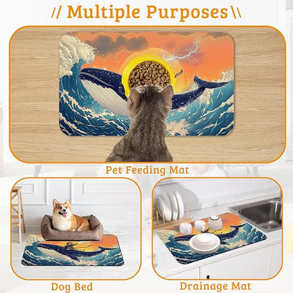 Dog Bowl Mat,Cat Shark Pet Feeding Mat for Floors Waterproof,Ocean Wave Absorbent Dogs Placemat for Food and Water Quick Dry Pet Cat Feeding Mats with Non Slip Bottom 16" x 24"