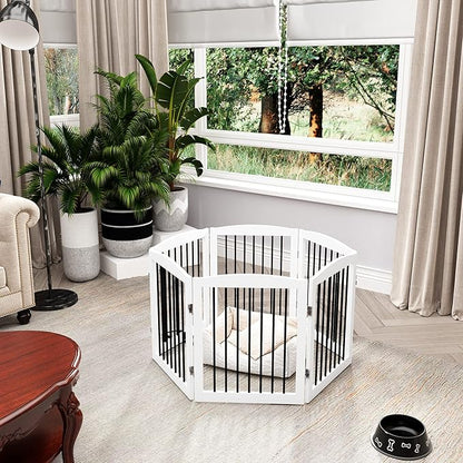 PUPETPO Freestanding Pet Gate for Dogs, Foldable Wooden Dog Gate for House, Extra Wide Indoor Pet Barrier for Stair, Doorway, Hall, Support Feet Included, 120 Inch Wide, 6 Panels 24", White