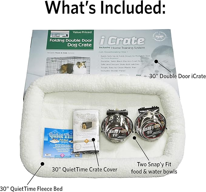 MidWest Homes for Pets Double Door iCrate Starter Kit, 30-inch Dog Crate Bundle for Medium Breeds, Includes Cage, Pet Bed, 2 Bowls and Privacy Cover