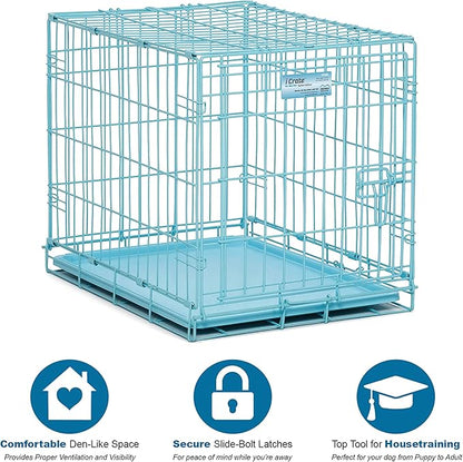 MidWest Homes for Pets 24-Inch Blue Fashion iCrate for Small Breeds, 12-20 lbs, Single Door Folding Dog Crate with Divider Panel, Leak-Proof Tray & Secure Latch, Portable, Durable & Easy to Assemble