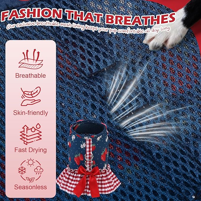 EXPAWLORER Dog Harness Small Medium Sized Dogs, Plaid Dog Dress Bowknot Harness and Leash Set, No Choke No Pull Soft Mesh Vest Cute Princess Puppy Outfits Clothes Costume for Girls Party Cats Navy M