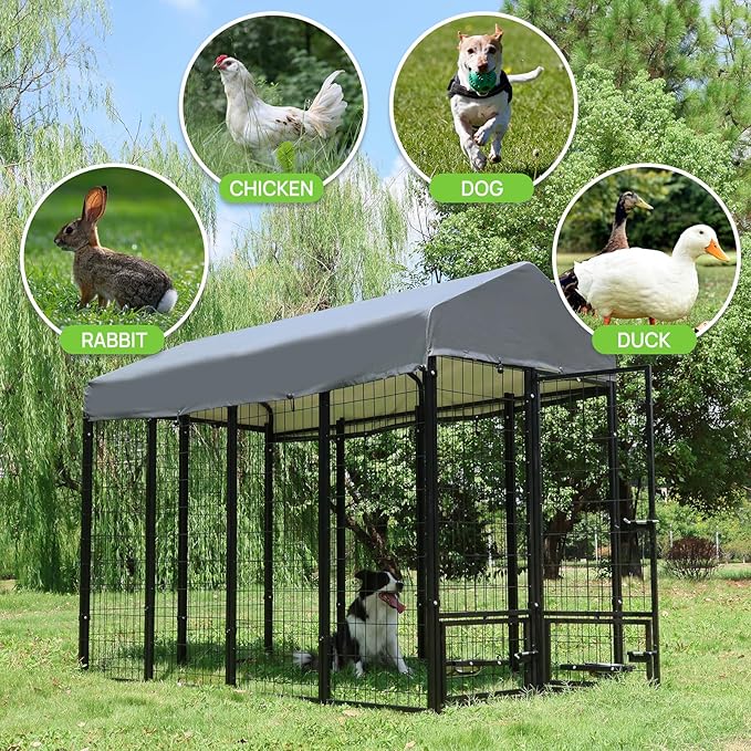 Dog Kennel Outdoor 8 x4 x6 ft with Roof and Rotating Bowl Holders, Large Metal Dog Enclosure, Heavy Duty Dog House Built with Robust 4mm Diameter Wire (8'L x 4'W x 6'H)