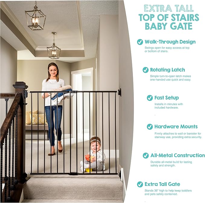 Regalo Safety 36" Extra Tall Baby Gate for Stairs & Doorways, Walk-Through Stair Gate with Door, Hardware Mounted Gate for Babies, Toddlers & Pets, Fits 24"–40.5" Openings, Black