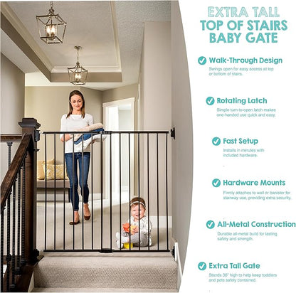 Regalo Safety 36" Extra Tall Baby Gate for Stairs & Doorways, Walk-Through Stair Gate with Door, Hardware Mounted Gate for Babies, Toddlers & Pets, Fits 24"–40.5" Openings, Black