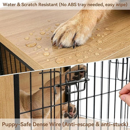 Oak Dog Crate Furniture with Reversible Side Door, Wooden Indoor Dog Kennel for Small Medium Dogs, End Table Dog Crate with Double Locks, Heavy Duty Steel Mesh Furniture Style Dog Cage