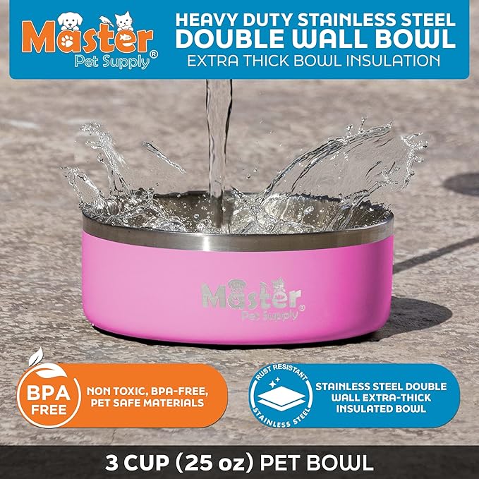 Master Pet Supply Stainless Steel Dog Bowls - 25 oz, Heavy Duty - Hyper Pink, Double Wall Extra-Thick Insulated, Non-Slip Pet Water Bowl for Dogs, Cats & Pets, Anti Rust Metal, Dish Washer Safe