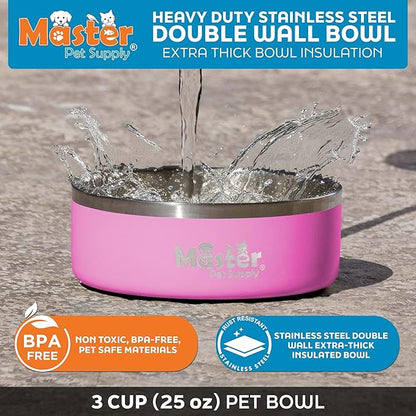 Master Pet Supply Stainless Steel Dog Bowls - 25 oz, Heavy Duty - Hyper Pink, Double Wall Extra-Thick Insulated, Non-Slip Pet Water Bowl for Dogs, Cats & Pets, Anti Rust Metal, Dish Washer Safe