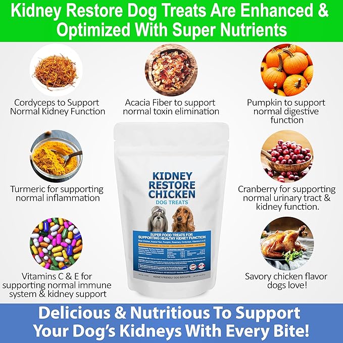 Kidney Restore Chicken Dog Treats for Kidney Support. Low Protein Supports Kidney Health. Kidney Function Treats for Kidney Dog Diet