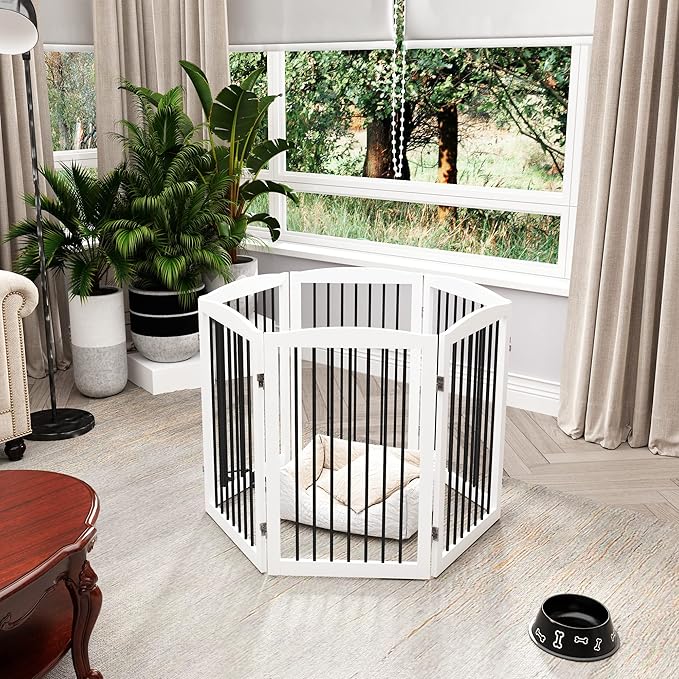 PUPETPO Freestanding Pet Gate for Dogs, Indoor Wooden Foldable Dog Gate for House, Extra Wide, Pet Fence for Stairs, Doorways, Halls, Support Feet Included, 120 Inch Wide, 6 Panels 32",White