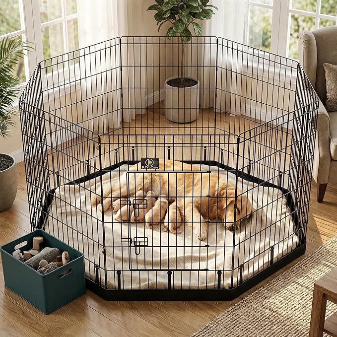 PJYuCien Dog Playpen with Bottom Pad - Metal Foldable Exercise Pen, 8 Panels 36" H x 24" W Indoor Outdoor Pet Fence Puppy Crate Kennel, Black