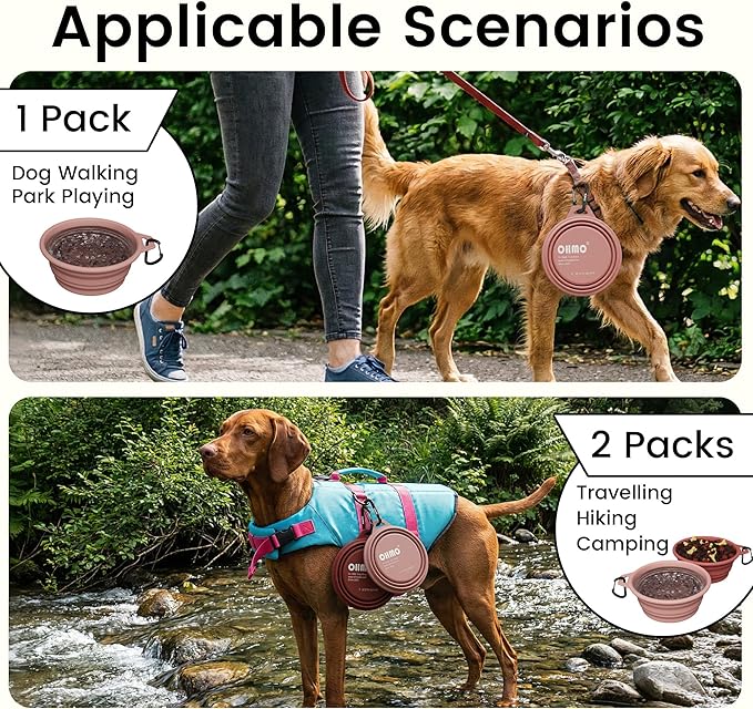 OHMO Collapsible Dog Water Bowls w/Built-in Stainless Steel Ring – 2pcs Large 27oz/800ml Portable Silicone Pet Feeding Bowl for Hiking, Camping, Travel