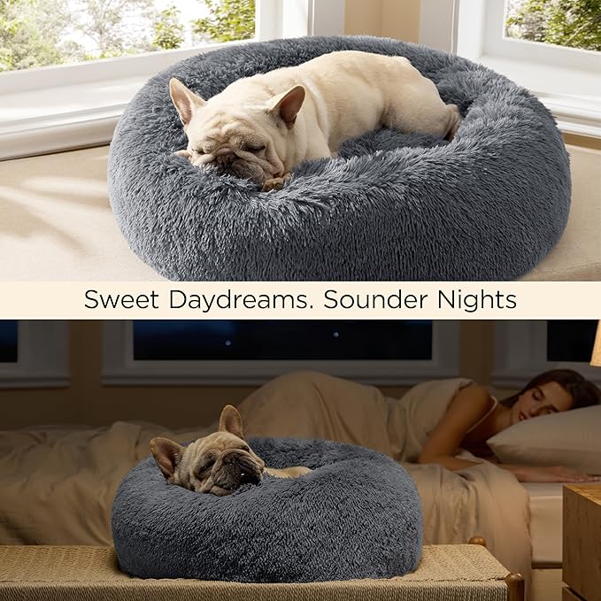 Bedsure Calming Dog Bed for Large Dogs - Donut Washable Large Pet Bed, 36 inches Anti-Slip Round Fluffy Plush Faux Fur Dog Bed, Fits up to 80 lbs Pets, Dark Grey