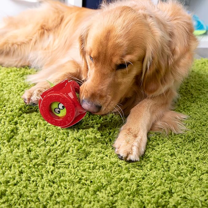 goDog Holiday Collection 2-in-1 Cage Ball Dog Toy with Furballz Squeaky Plush Dog Toy - Red, Small