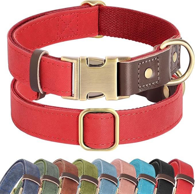 Didog Soft PU Leather Dog Collar for Large Dogs,Classic Adjustable Wide Dog Collars with Quick Release Metal Buckle,Easy Clean and Comfortable with Nylon Lining,Red,XL Neck 20-27", Width 1¼"