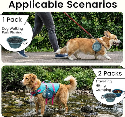 OHMO Collapsible Dog Water Bowls w/Built-in Stainless Steel Ring – 2pcs Small 12oz/400ml Portable Silicone Pet Feeding Bowl for Hiking, Camping, Travel
