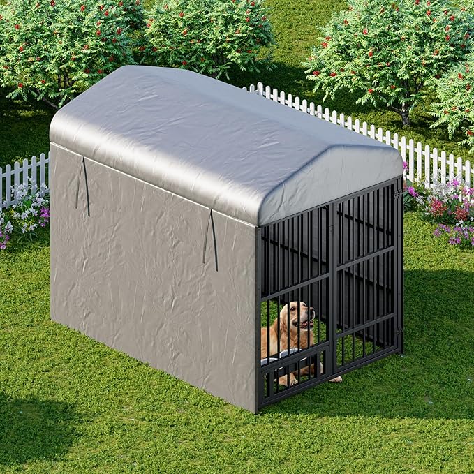 HOOBRO Outdoor Dog Kennel with Cover, 6.6 x 3.9 x 5.9 ft Dog Kennel Outside with Waterproof Roof and Rotating Feeding Bowls, Heavy-Duty Large Cage Enclosure, for Medium & Large Dogs, Black BK212GW03