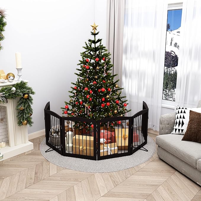 PUPETPO Freestanding Pet Gate for Dogs, Foldable Wooden Dog Gate for House, Extra Wide Indoor Pet Barrier for Stair, Doorway, Hall, Support Feet Included, 120 Inch Wide, 6 Panels 24", Brown