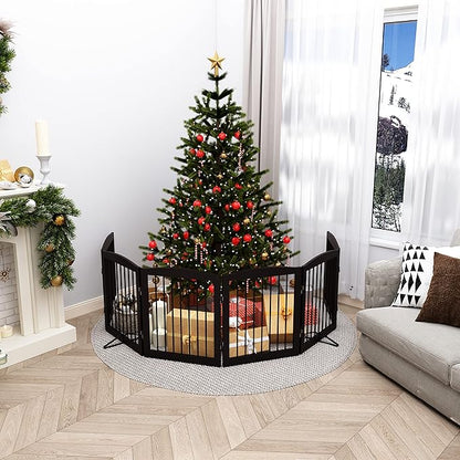 PUPETPO Freestanding Pet Gate for Dogs, Foldable Wooden Dog Gate for House, Extra Wide Indoor Pet Barrier for Stair, Doorway, Hall, Support Feet Included, 120 Inch Wide, 6 Panels 24", Brown