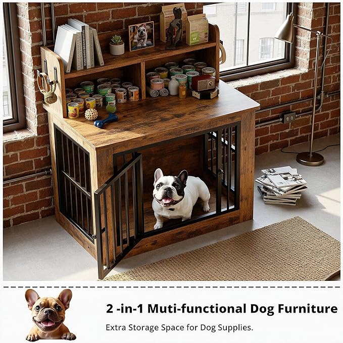 IRONCK Dog Crate Furniture, 33.4 inches Wooden Small Dog Crate with Storage and 4 Hooks, Heavy Duty Pet Crate for Small Dog, Decorative Pet Cage for Indoor (19.3" L x 33.4" W x 37.4" H)