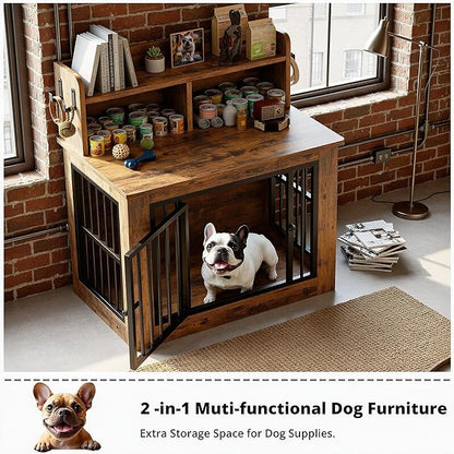 IRONCK Dog Crate Furniture, 33.4 inches Wooden Small Dog Crate with Storage and 4 Hooks, Heavy Duty Pet Crate for Small Dog, Decorative Pet Cage for Indoor (19.3" L x 33.4" W x 37.4" H)