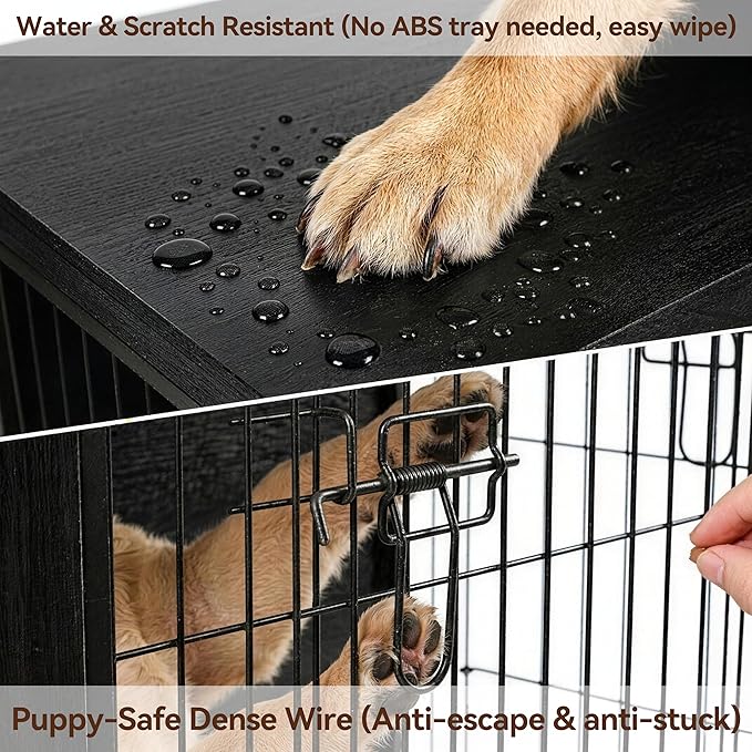 Black Dog Crate Furniture with Reversible Side Door, Wooden Indoor Dog Kennel for Small Medium Dogs, End Table Dog Crate with Double Locks, Heavy Duty Steel Mesh Furniture Style Dog Cage