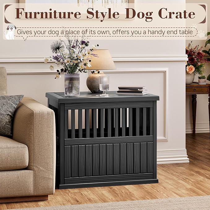Fancyango 30-Inch Heavy Duty Dog Crate Furniture Lockable Indoor Outdoor Kennel & End Table for Small/Medium Dogs Decorative Plastic Pet Cage in Black