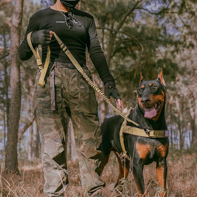 Forestpaw Tactical Dog Leash for Large Dogs,Heavy Duty Bungee Dog Leash with Shock Absorption,2 Padded Handles for Training Running Walking,Adjustable 4-5FT,Khaki