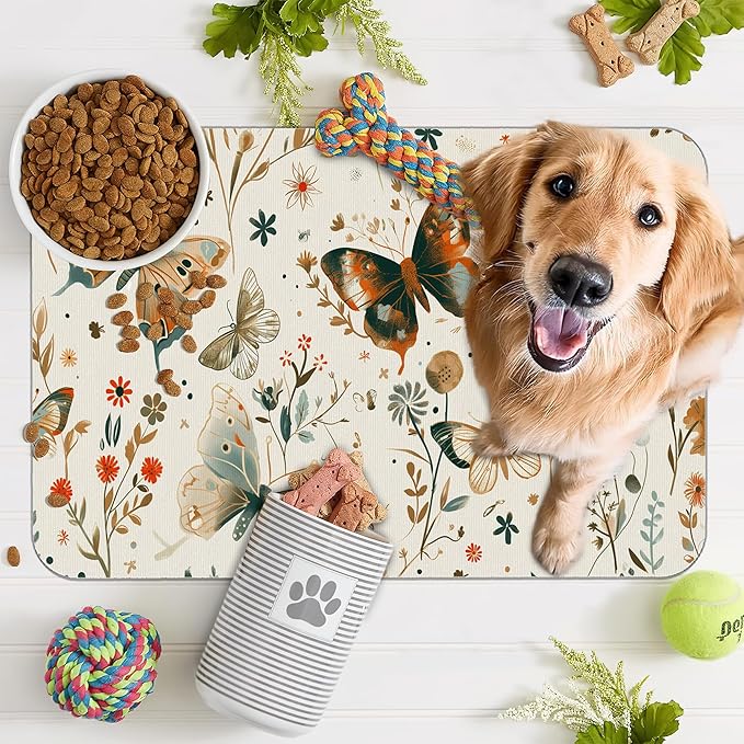 Butterfly Dog Food Mat for Floors,Boho Garden Vintage Absorbent Pet Food and Water Bowl Mats,Non-Slip Pet Feeding Mat,Pet Supplies 16" x 24"