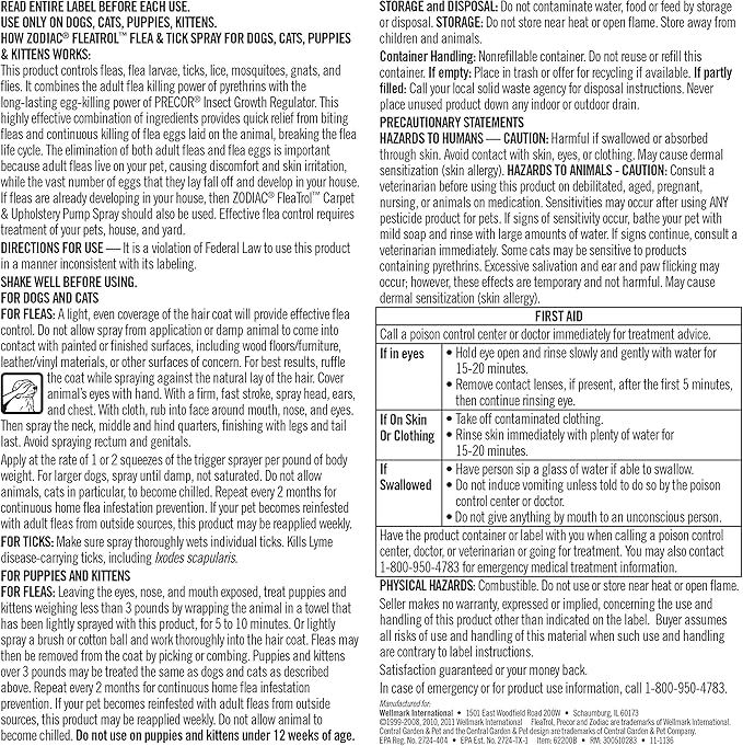Zodiac Flea & Tick Spray for Dogs, Cats, Puppies & Kittens 16 fluid ounces