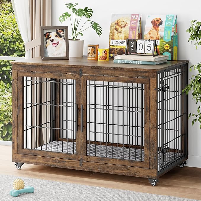 YaFiti Dog Crate Furniture with Cushion Set of 2, Wooden Dog Kennel Indoor with Double Doors, Dog Cage with Wheels, Dog House Side End Table for Large Dogs up to 85 lb, 44" L, Rustic Brown