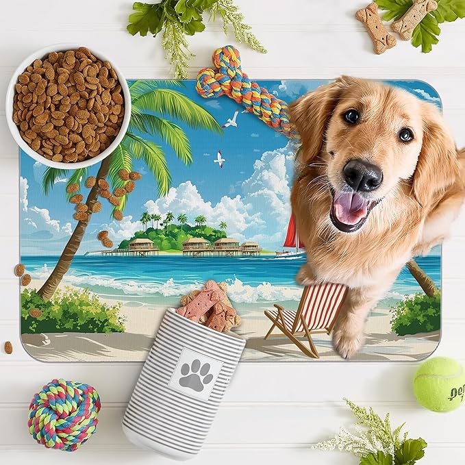 Tropical Beach Dog Food Mat for Floors,Hawaii Palm Tree Absorbent Quick-Dry Pet Feeding Mat, Cat Dog Bowl Mats for Food and Water, Non-Slip Pet Accessories Supplies 12"x20"
