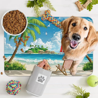 Tropical Beach Dog Food Mat for Floors,Hawaii Palm Tree Absorbent Quick-Dry Pet Feeding Mat,Cat Dog Bowl Mats for Food and Water,Non-Slip Pet Accessories Supplies 16"x24"