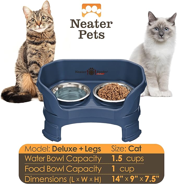 Neater Feeder Deluxe Mess-Proof Elevated Cat Bowls, 2 Height Adjustable (6” & 7.5”) No-Spill Raised Cat Bowl Stand, Whisker Friendly Stainless Steel Dishes for Indoor Cats, Made in USA, Dark Blue